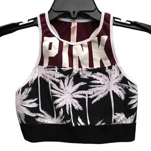VS Pink Sports Bra Racerback Maroon Burgundy Palm Trees Workout Top Logo v6x